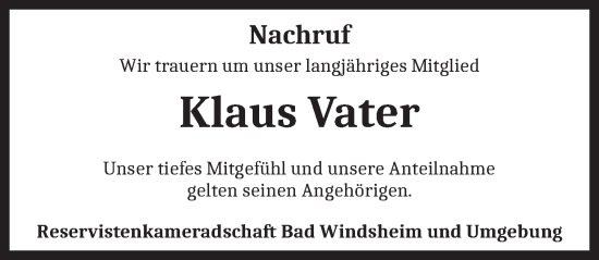 Traueranzeige von Klaus Vater von Neustadt/ Scheinfeld/ Uffenheim