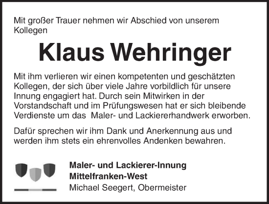 Traueranzeige von Klaus Wehringer von Ansbach