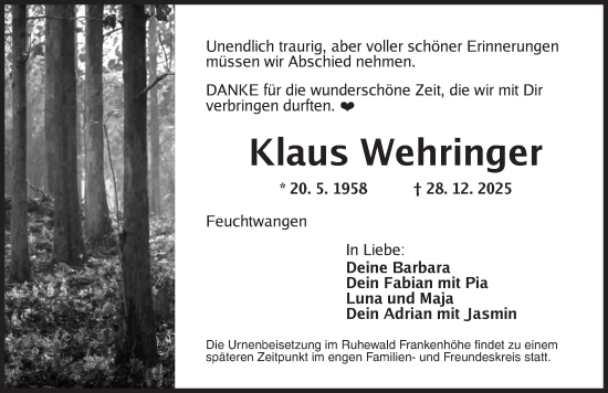 Traueranzeige von Klaus Wehringer von GE