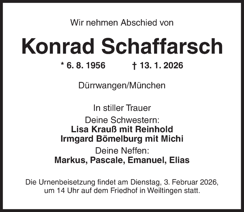  Traueranzeige für Konrad Schaffarsch vom 31.01.2026 aus Dinkelsbühl/ Feuchtwangen