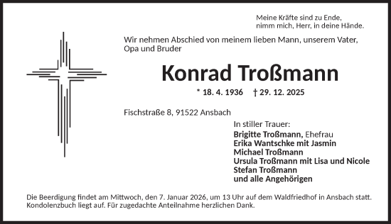 Traueranzeige von Konrad Troßmann von Ansbach