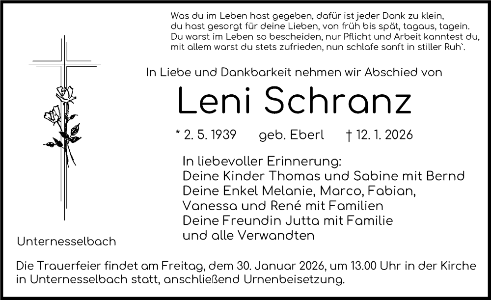  Traueranzeige für Leni Schranz vom 27.01.2026 aus Neustadt/ Scheinfeld/ Uffenheim
