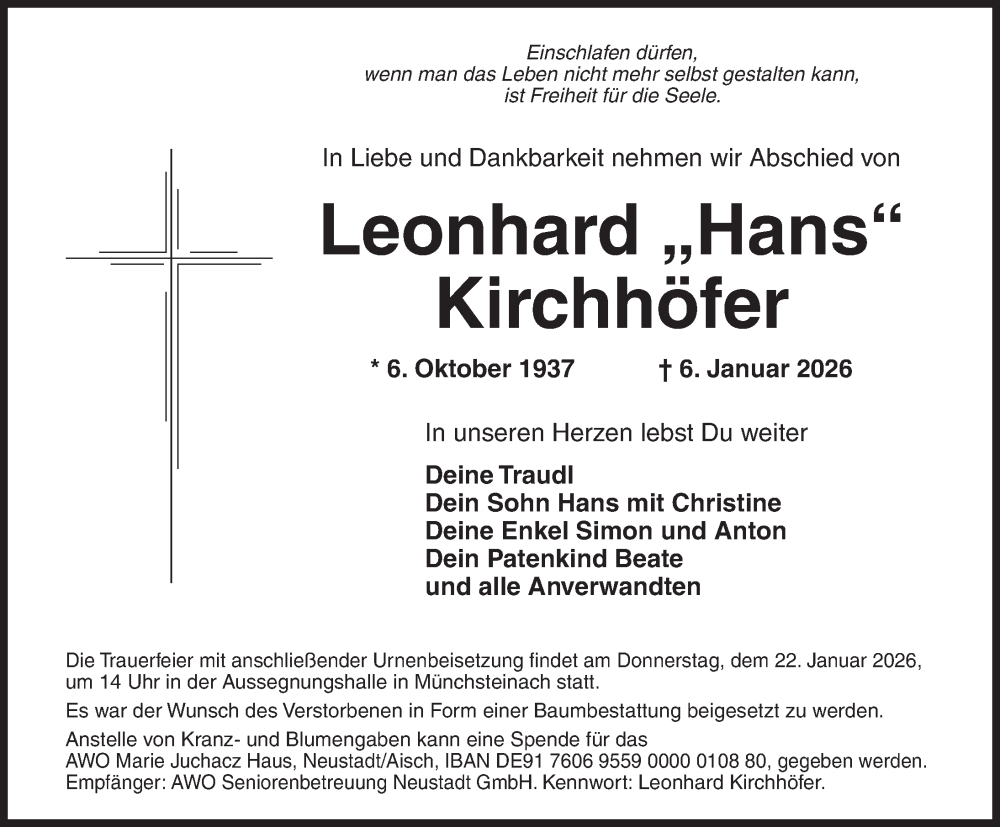  Traueranzeige für Leonhard Kirchhöfer vom 17.01.2026 aus Neustadt/ Scheinfeld/ Uffenheim
