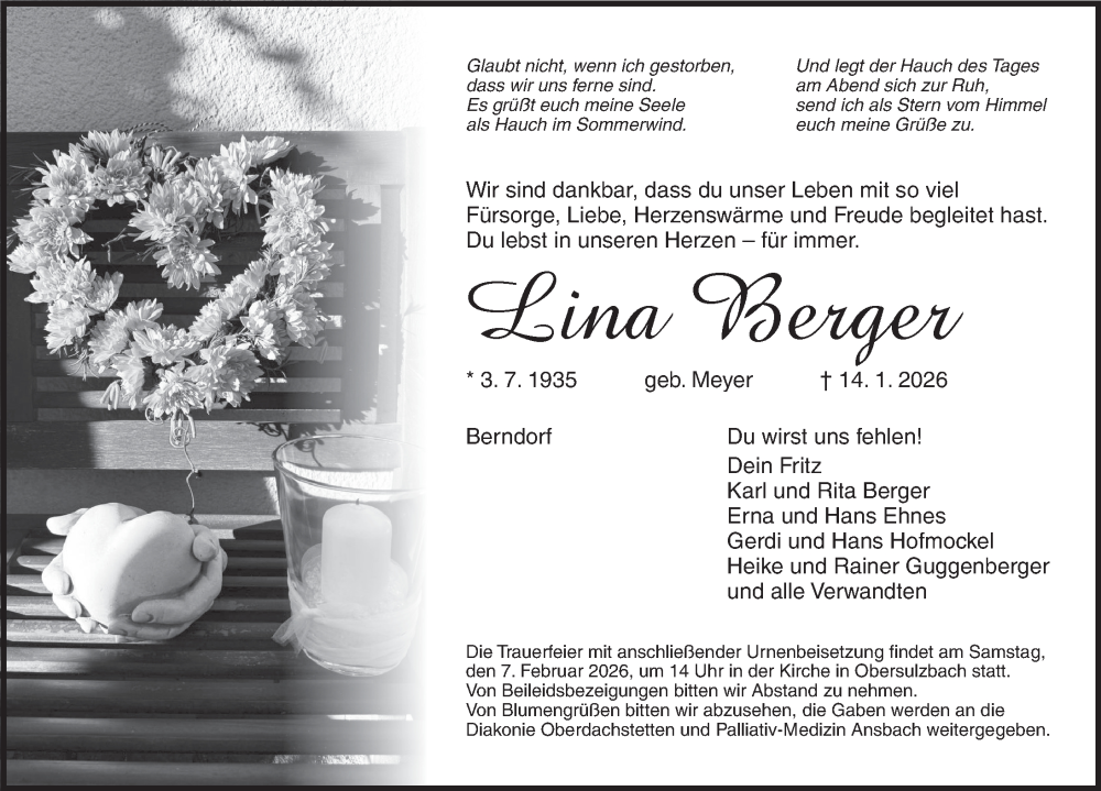  Traueranzeige für Lina Berger vom 31.01.2026 aus GE