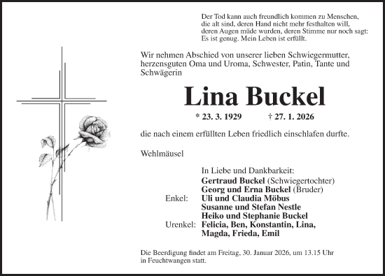 Traueranzeige von Lina Buckel von Dinkelsbühl/ Feuchtwangen
