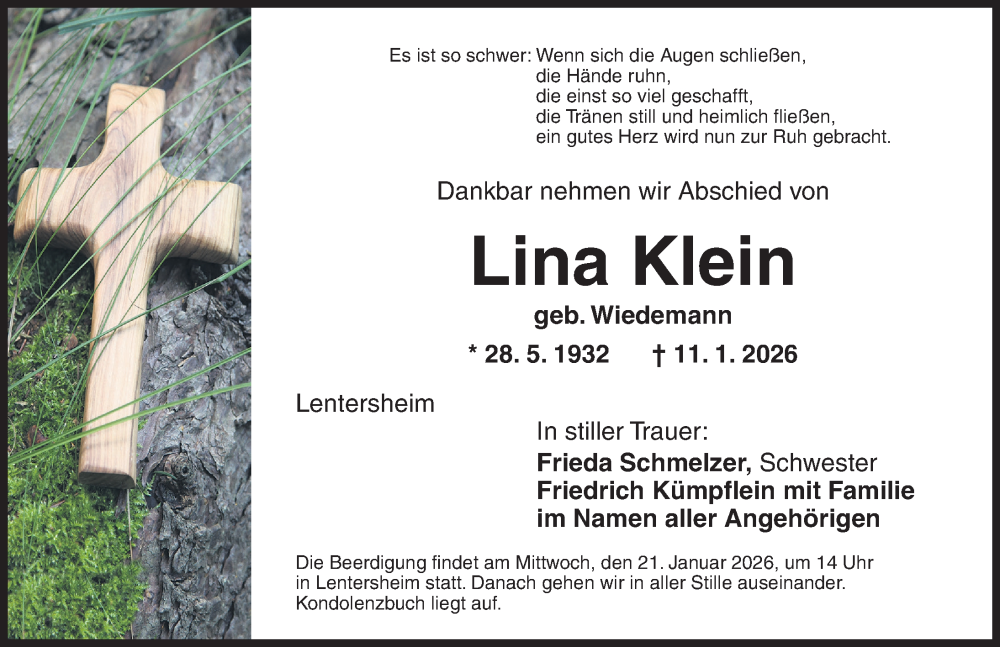  Traueranzeige für Lina Klein vom 17.01.2026 aus Dinkelsbühl/ Feuchtwangen