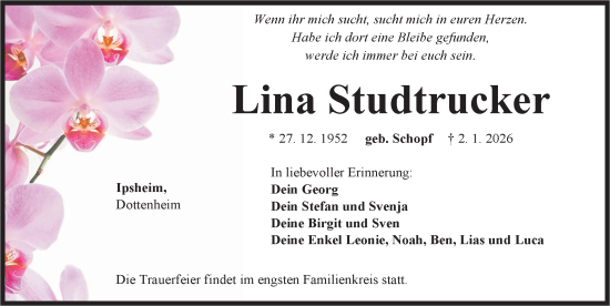 Traueranzeige von Lina Studtrucker von Neustadt/ Scheinfeld/ Uffenheim