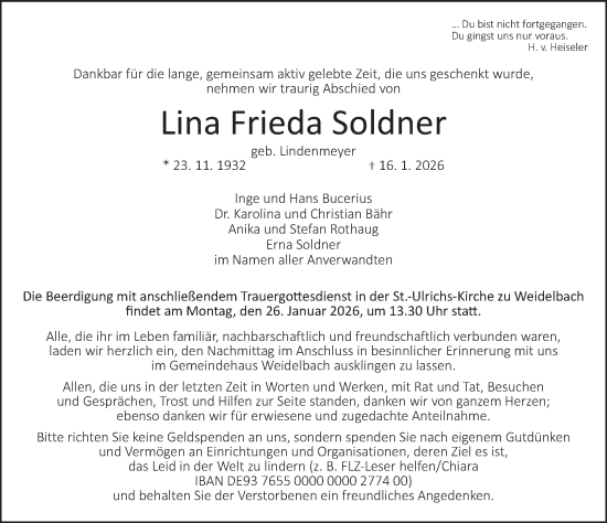 Traueranzeige von Lina Frieda Soldner von Dinkelsbühl/ Feuchtwangen