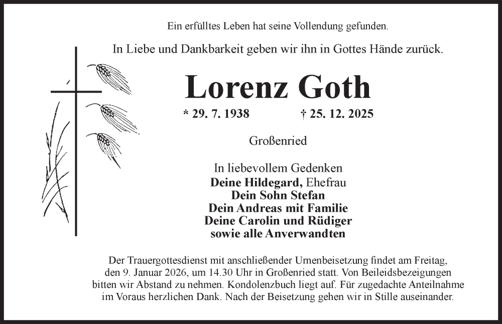  Traueranzeige für Lorenz Goth vom 08.01.2026 aus Ansbach