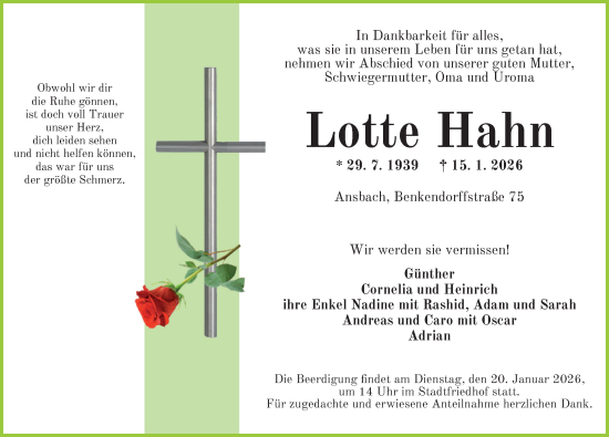 Traueranzeige von Lotte Hahn von Ansbach