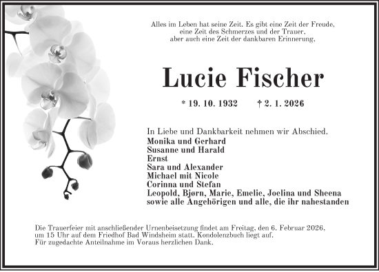 Traueranzeige von Lucie Fischer von Neustadt/ Scheinfeld/ Uffenheim