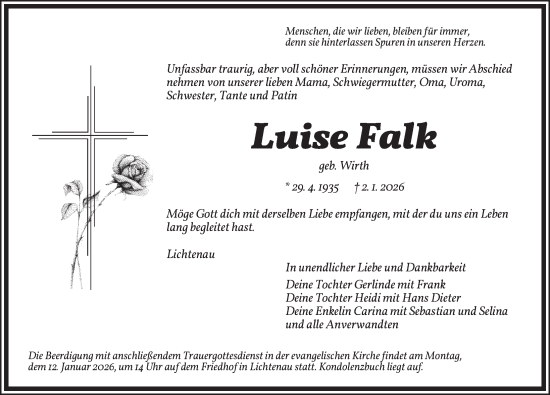 Traueranzeige von Luise Falk von Ansbach