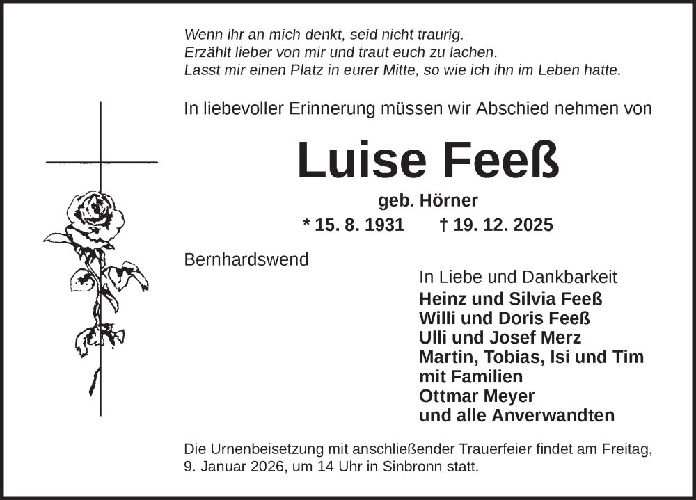  Traueranzeige für Luise Feeß vom 03.01.2026 aus Dinkelsbühl/ Feuchtwangen