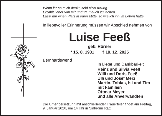 Traueranzeige von Luise Feeß von Dinkelsbühl/ Feuchtwangen