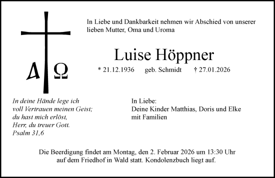 Traueranzeige von Luise Höppner von Dinkelsbühl/ Feuchtwangen
