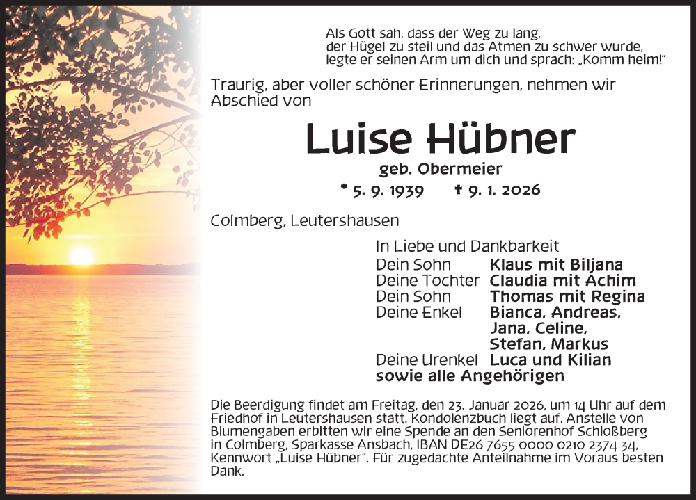  Traueranzeige für Luise Hübner vom 17.01.2026 aus GE