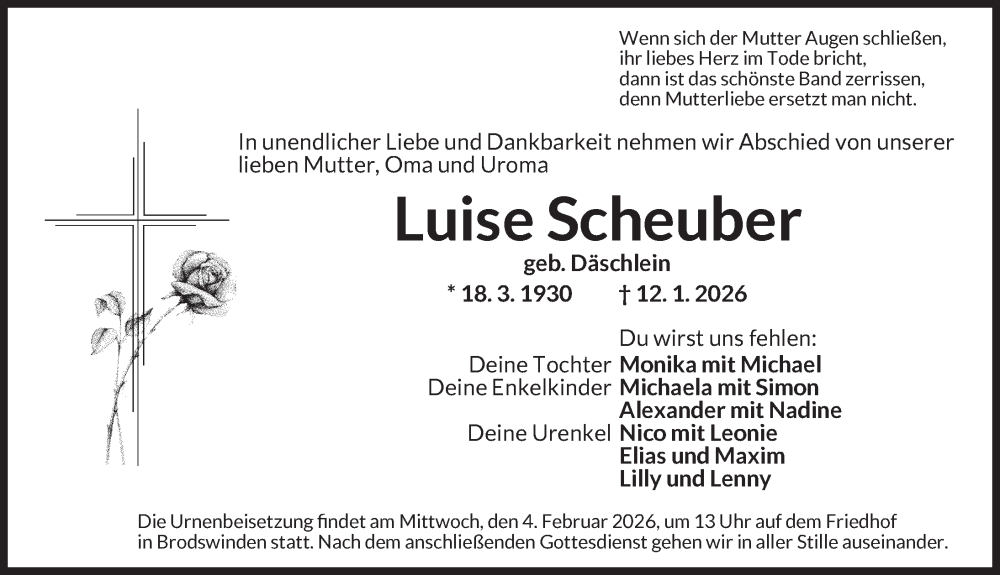  Traueranzeige für Luise Scheuber vom 31.01.2026 aus Ansbach