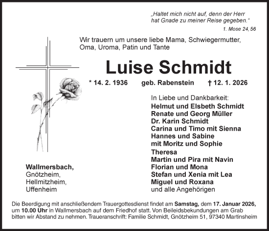 Traueranzeige von Luise Schmidt von Neustadt/ Scheinfeld/ Uffenheim