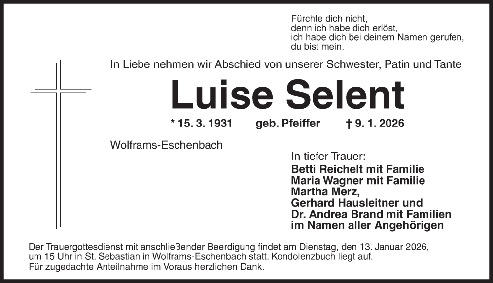  Traueranzeige für Luise Selent vom 12.01.2026 aus Ansbach