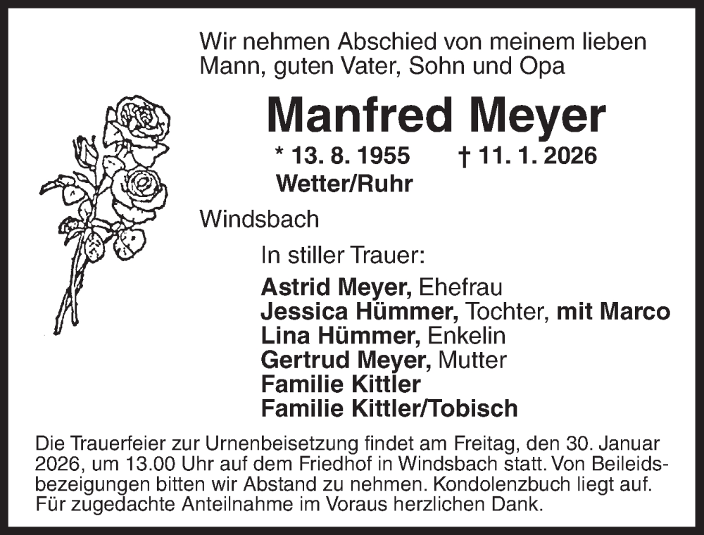  Traueranzeige für Manfred Meyer vom 27.01.2026 aus Ansbach