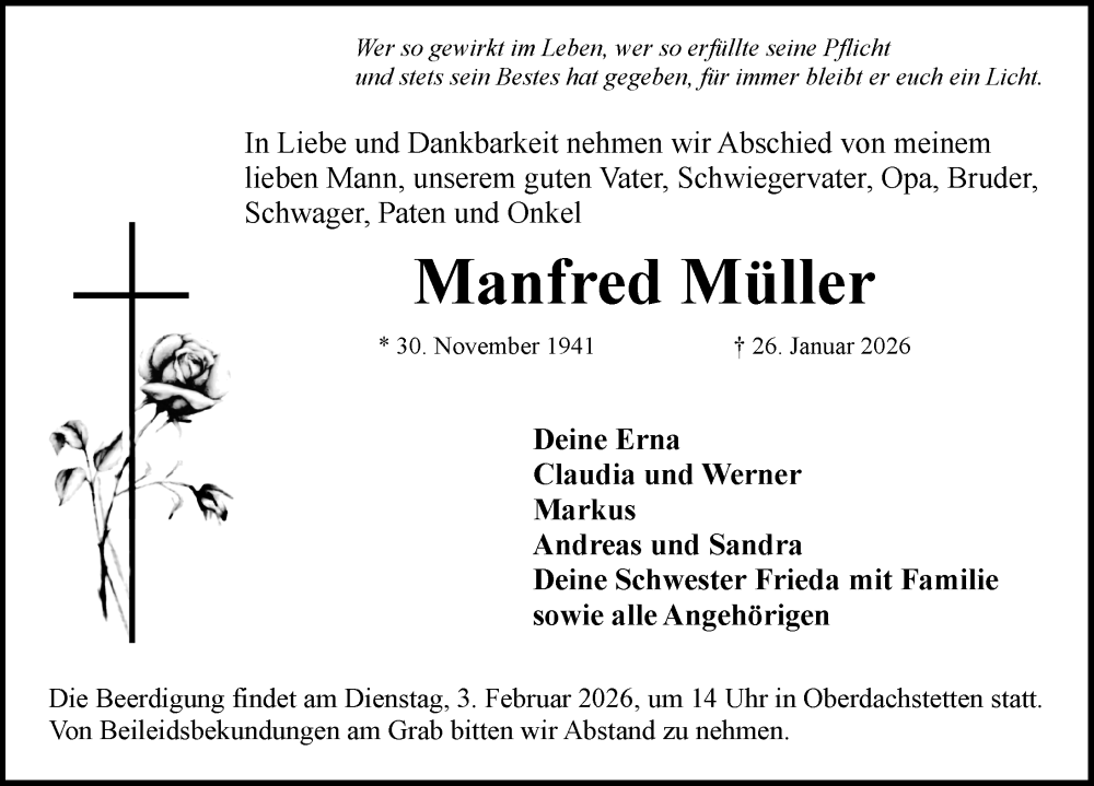  Traueranzeige für Manfred Müller vom 31.01.2026 aus Ansbach