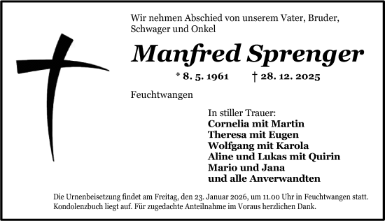 Traueranzeige von Manfred Sprenger von Dinkelsbühl/ Feuchtwangen