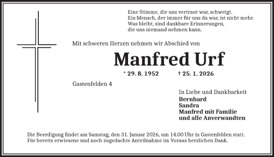 Traueranzeige von Manfred Urf von Rothenburg
