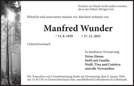 Traueranzeige von Manfred Wunder von Neustadt/ Scheinfeld/ Uffenheim