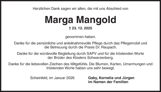 Traueranzeige von Marga Mangold von Neustadt/ Scheinfeld/ Uffenheim