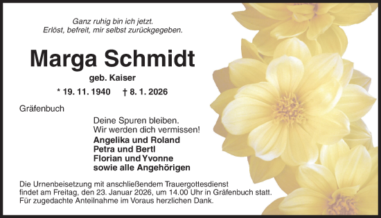 Traueranzeige von Marga Schmidt von Ansbach