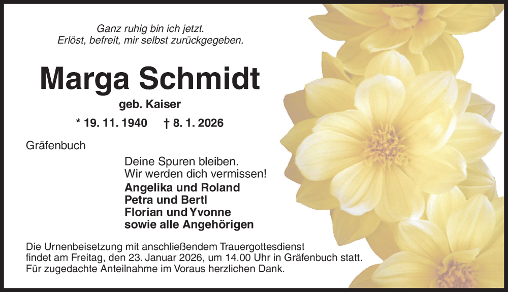  Traueranzeige für Marga Schmidt vom 17.01.2026 aus Ansbach