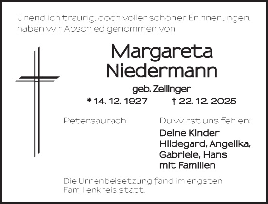 Traueranzeige von Margareta Niedermann von Ansbach