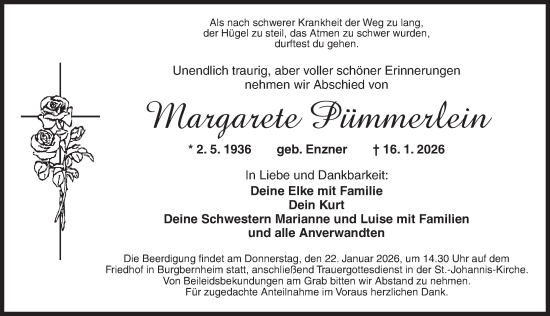 Traueranzeige von Margarete Pümmerlein von Neustadt/ Scheinfeld/ Uffenheim