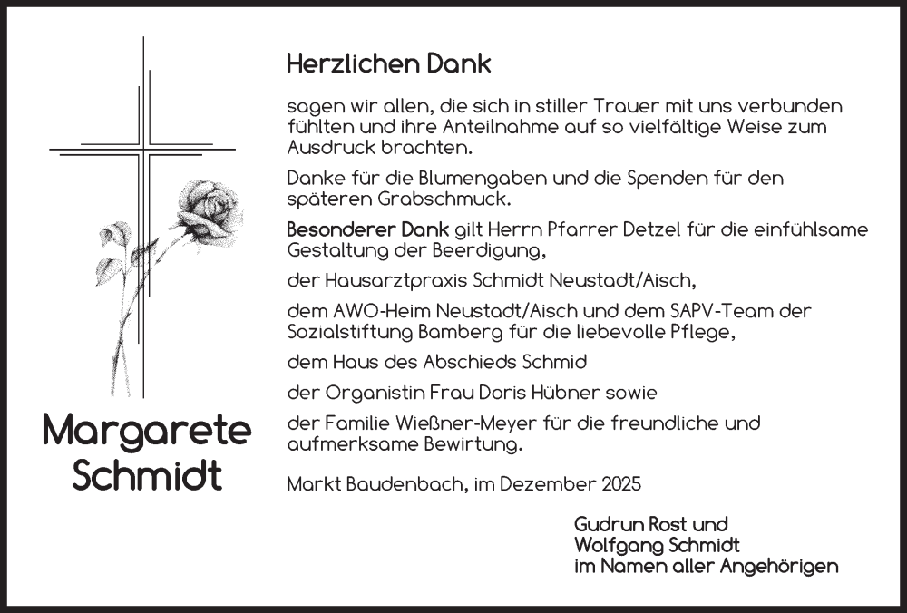  Traueranzeige für Margarete Schmidt vom 27.12.2025 aus Neustadt/ Scheinfeld/ Uffenheim