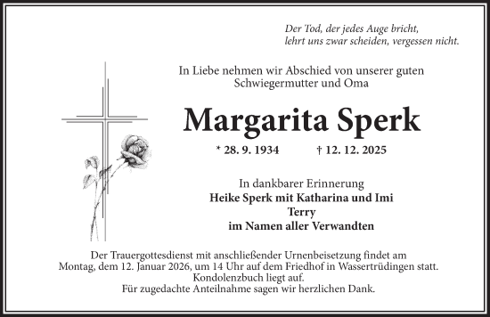 Traueranzeige von Margarita Sperk von Dinkelsbühl/ Feuchtwangen