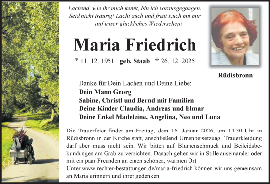 Traueranzeige von Maria Friedrich von Neustadt/ Scheinfeld/ Uffenheim
