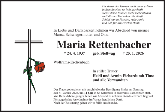 Traueranzeige von Maria Rettenbacher von Ansbach