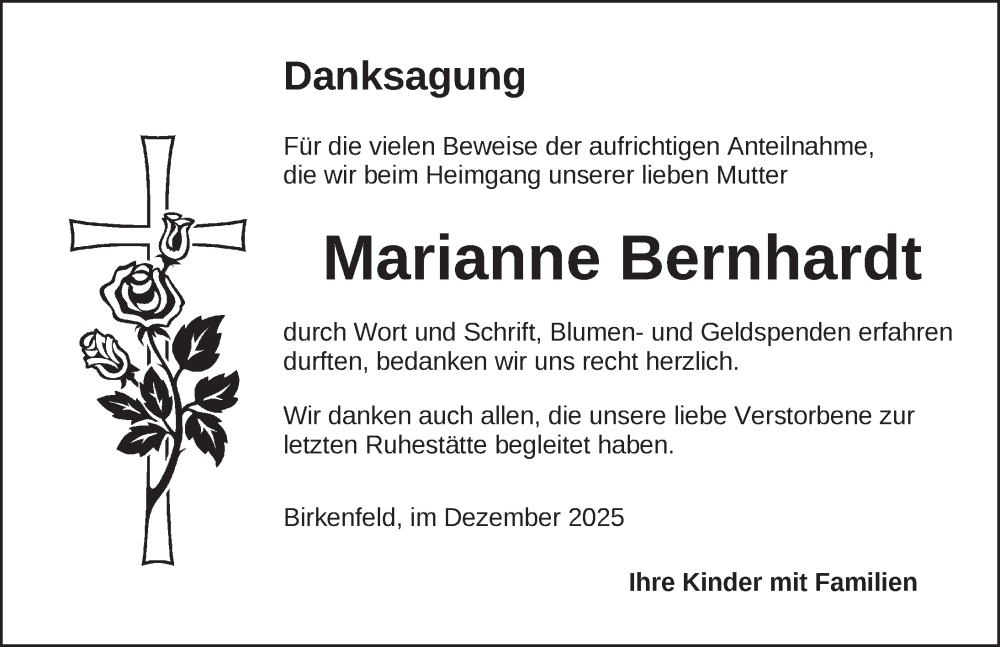  Traueranzeige für Marianne Bernhardt vom 03.01.2026 aus Neustadt/ Scheinfeld/ Uffenheim