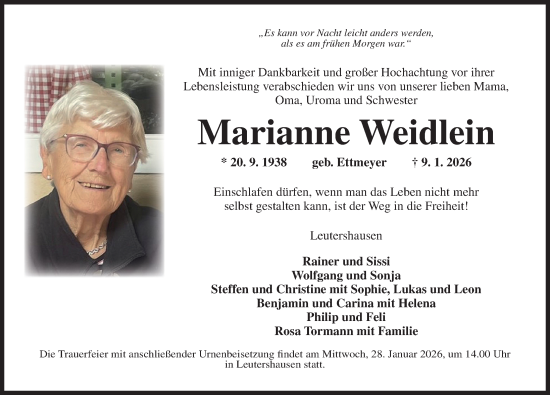 Traueranzeige von Marianne Weidlein von Ansbach