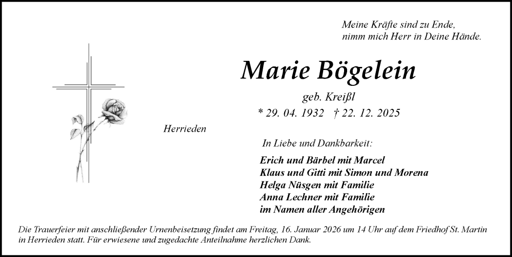  Traueranzeige für Marie Bögelein vom 10.01.2026 aus GE