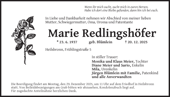 Traueranzeige von Marie Redlingshöfer von Ansbach