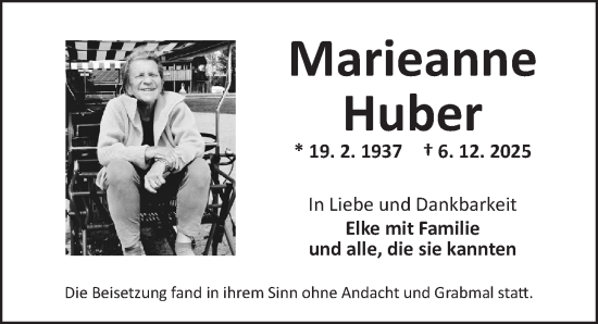 Traueranzeige von Marieanne Huber von Ansbach