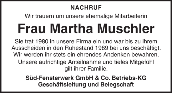 Traueranzeige von Martha Muschler von Dinkelsbühl/ Feuchtwangen