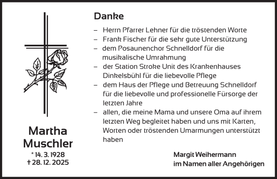 Traueranzeige von Martha Muschler von Dinkelsbühl/ Feuchtwangen