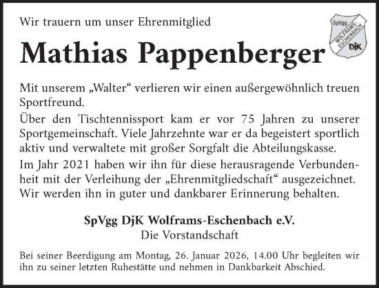 Traueranzeige von Mathias Pappenberger von Ansbach