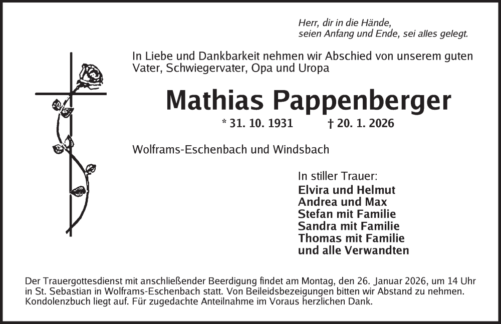  Traueranzeige für Mathias Pappenberger vom 24.01.2026 aus Ansbach