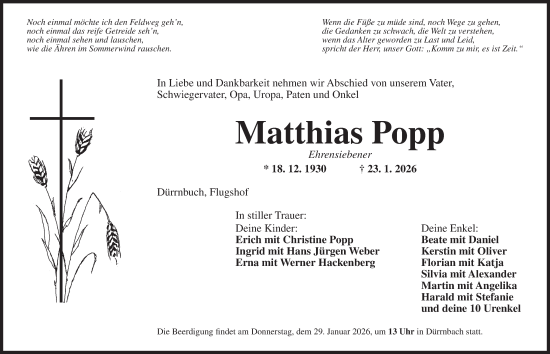 Traueranzeige von Matthias Popp von Neustadt/ Scheinfeld/ Uffenheim