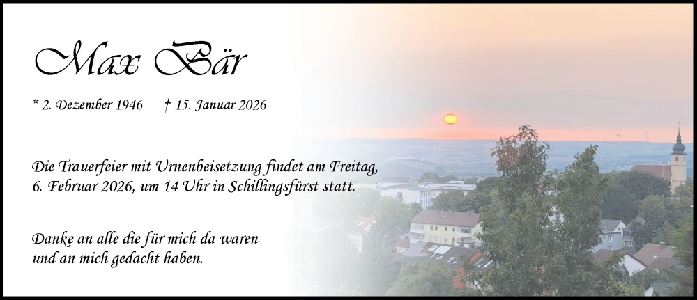  Traueranzeige für Max Bär vom 31.01.2026 aus Rothenburg