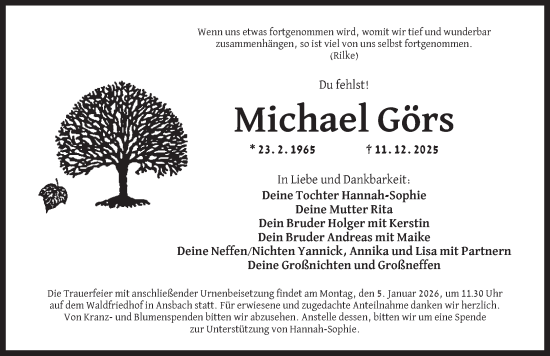 Traueranzeige von Michael Görs von Ansbach