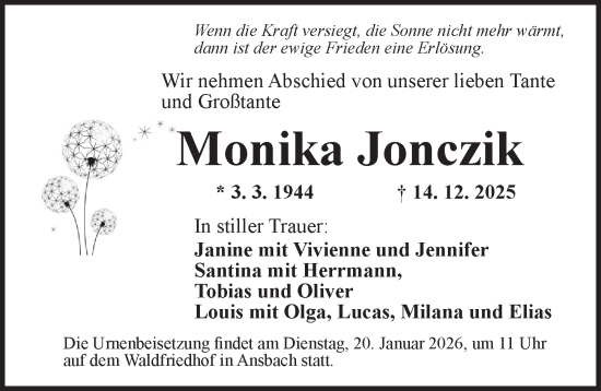 Traueranzeige von Monika Jonczik von Ansbach